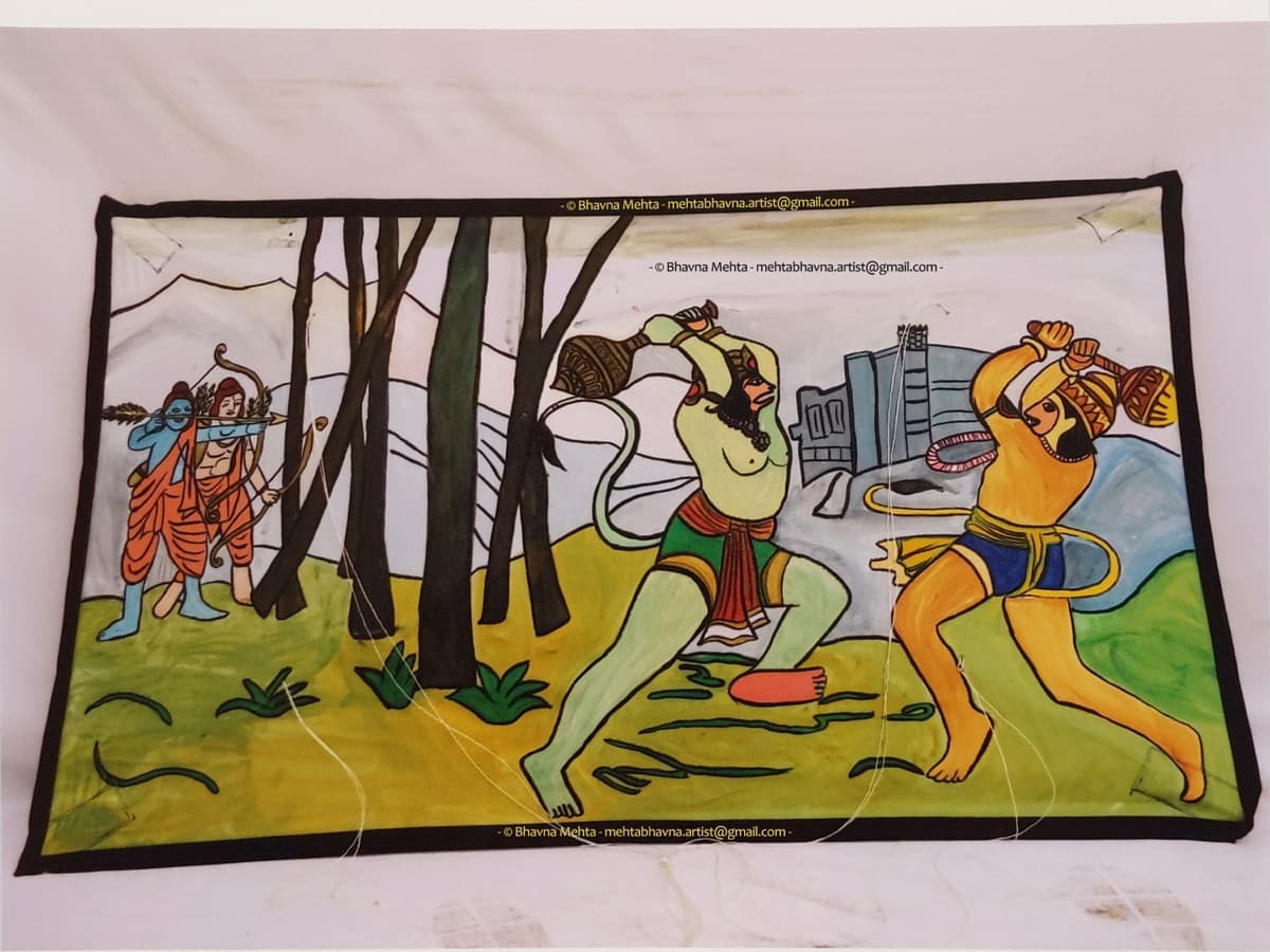 Hand-painted Japanese-shape kite depicting the duel of Bali and Sugriva