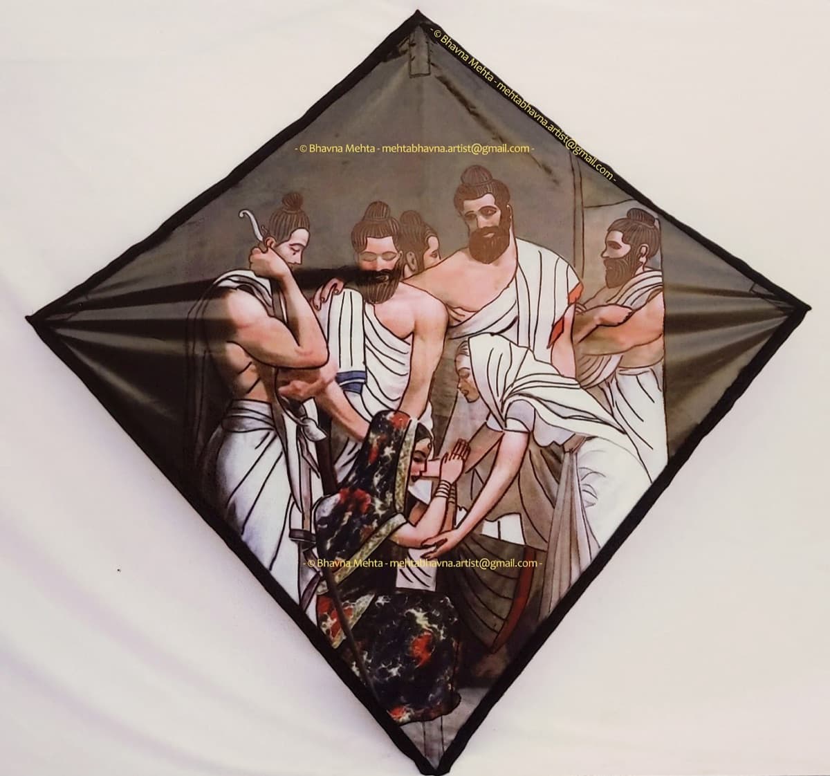 Hand-painted Indian fighter kite depicting Draupadi’s swayamvara