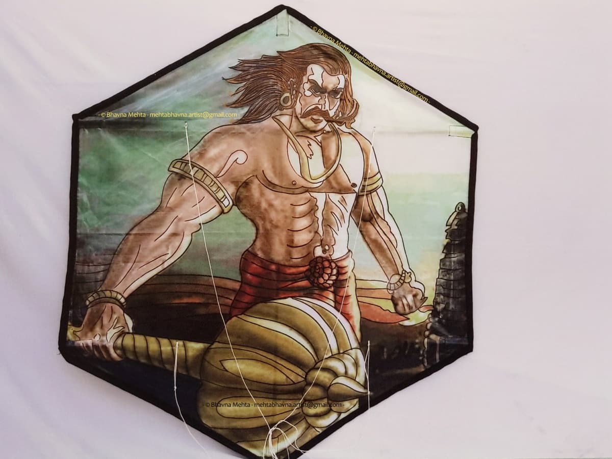 Hand-painted rokkaku kite depicting Duryodhana with his mace