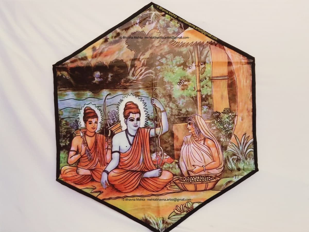 Hand-painted rokkaku kite depicting Shabari with Rama and Lakshmana