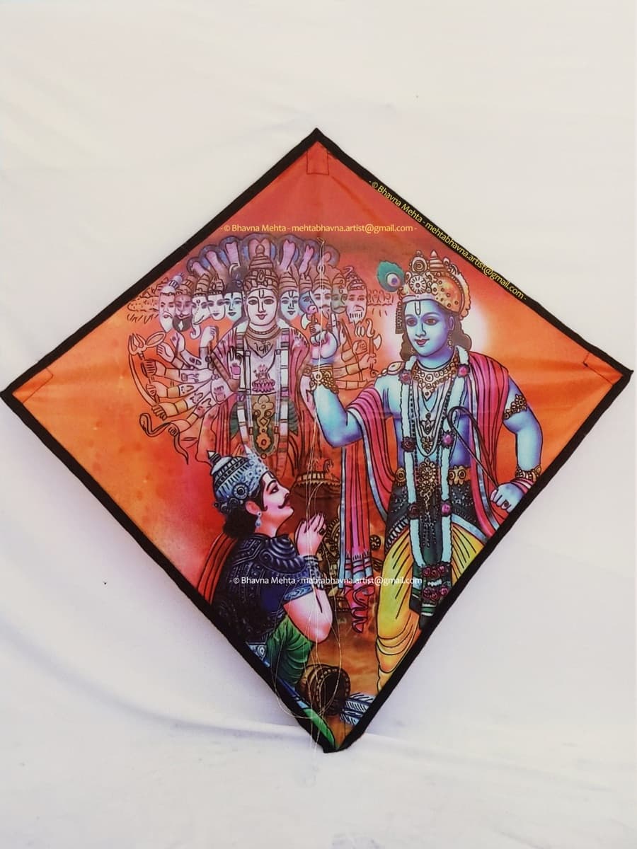 Hand-painted Indian fighter kite depicting Krishna revealing the universal form to Arjuna